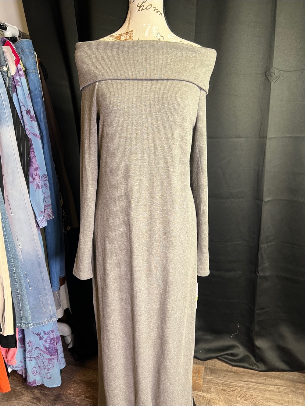 wild fable Off-the-Shoulder Long Sleeve Maxi Dress - Gray